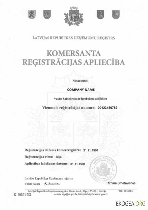 Certificat d'enregistrement de Lettonie